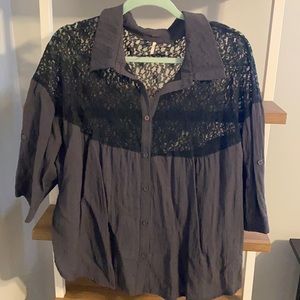 Free People Black & Grey Lace Button Down